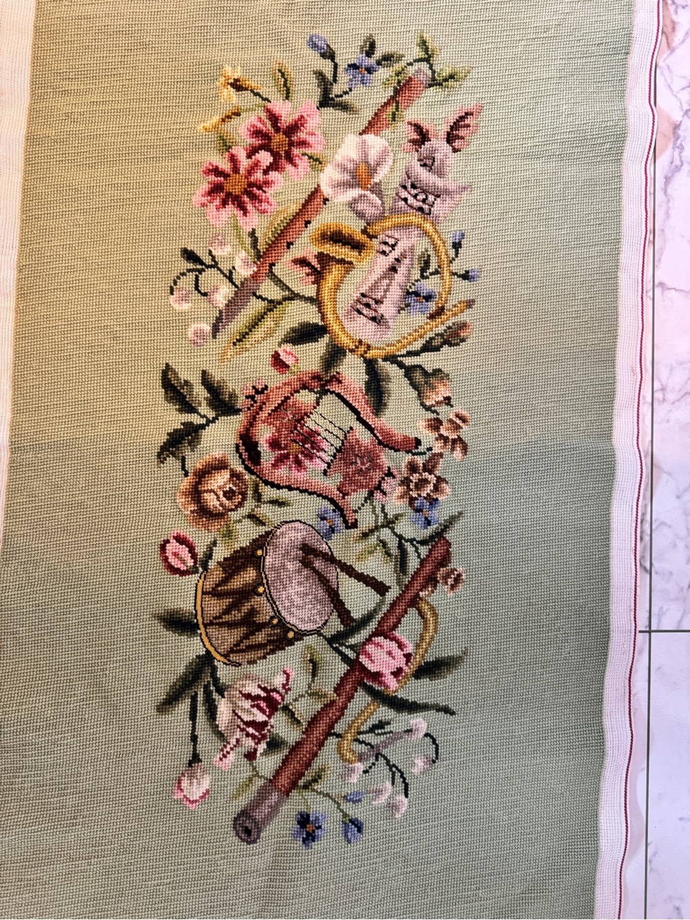Vintage Needlepoint Tapestry Wall Hanging – Musical Instrument Floral Design